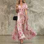 Women's deep V-neck ruffle sleeve printed maxi dress by FitiqueFit, featuring a high waist and flowing fabric.
