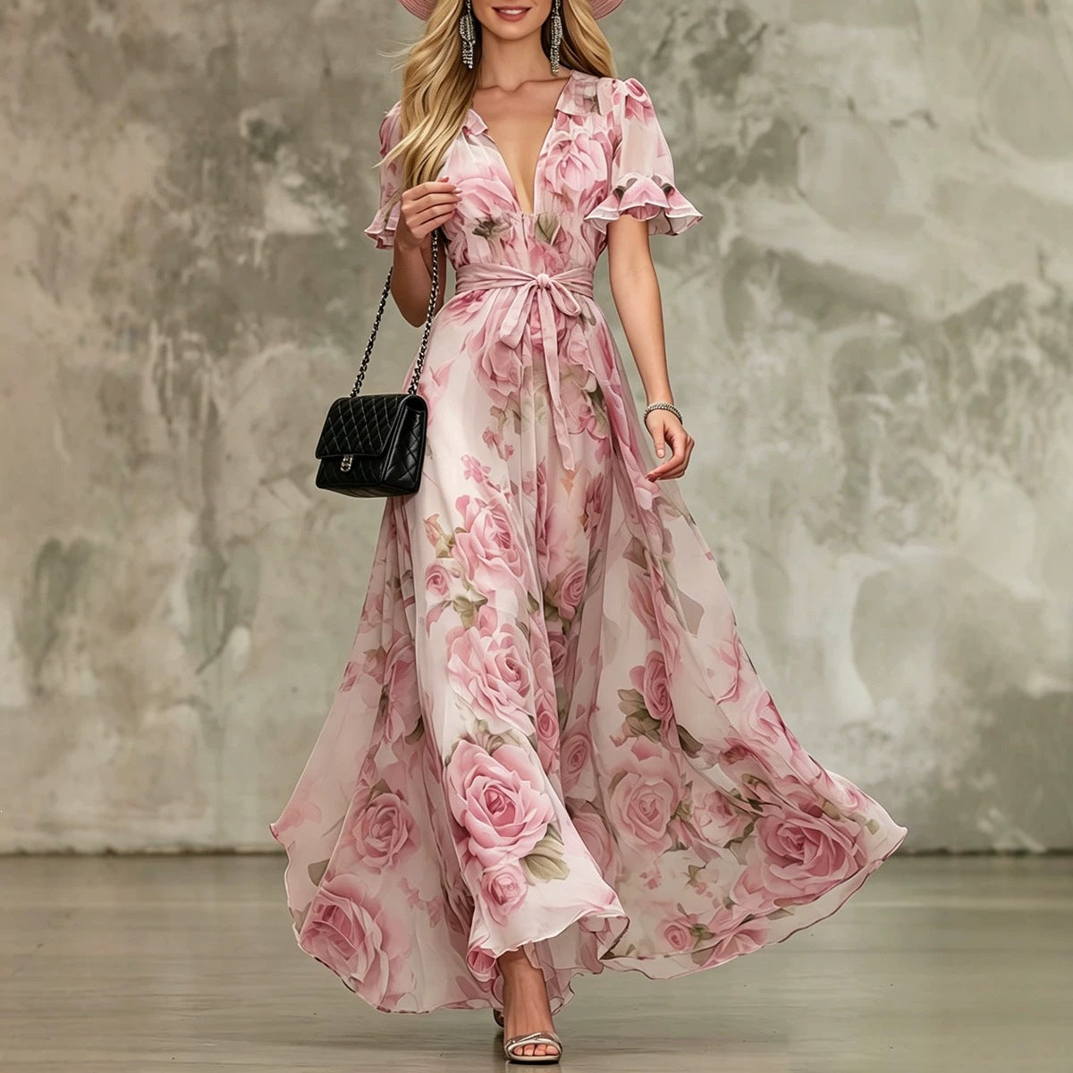 Women's deep V-neck ruffle sleeve printed maxi dress by FitiqueFit, featuring a high waist and flowing fabric.