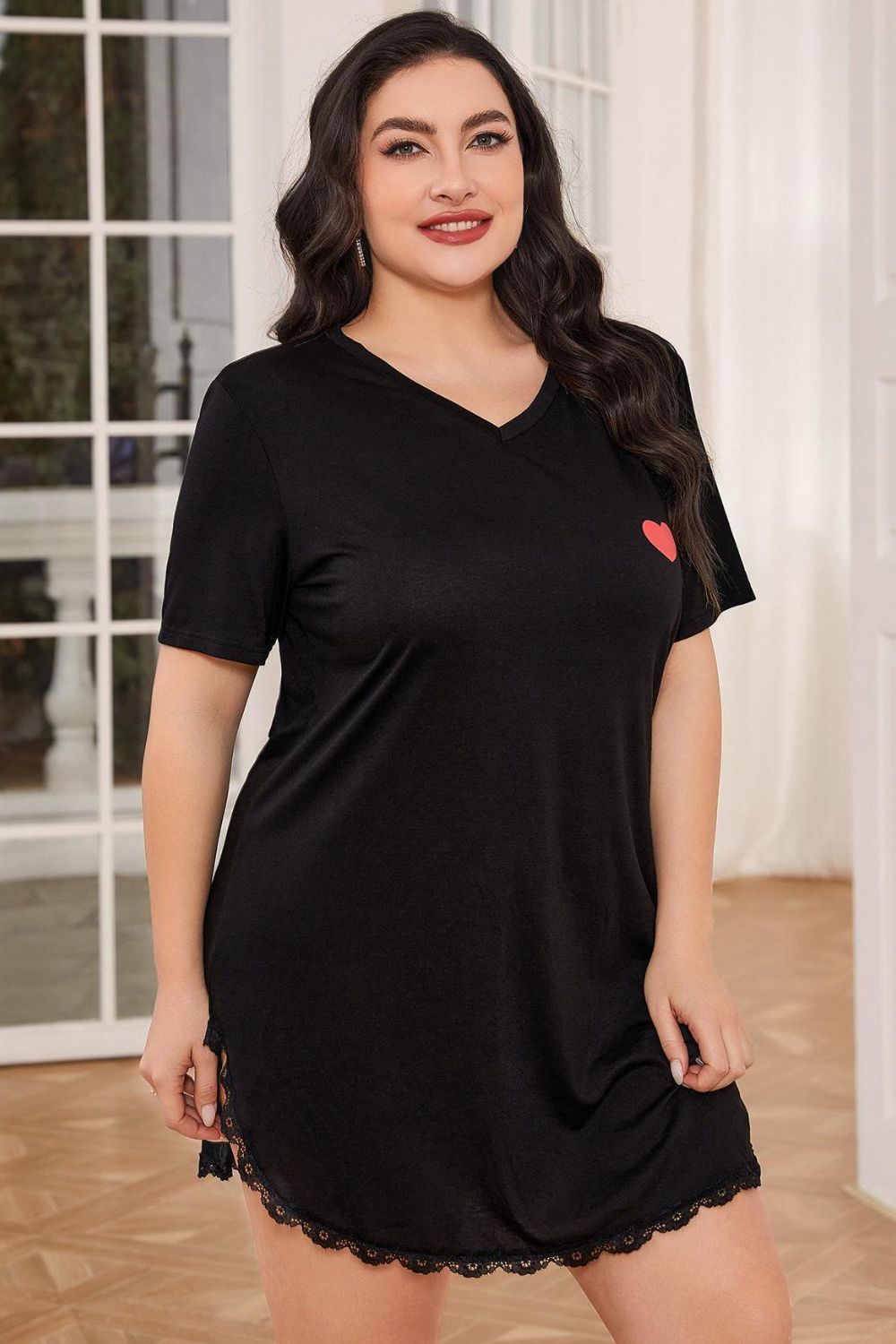 Plus size lace trim V-neck short sleeve night dress by Shopimist, soft fabric with delicate lace details, comfortable sleepwear.