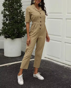Spring women’s short sleeve linen one-piece trousers by Bella Mia, featuring a solid color design and relaxed fit.