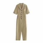 Spring women's short sleeve solid color linen one-piece trousers by Bella Mia, featuring a comfortable and stylish design.