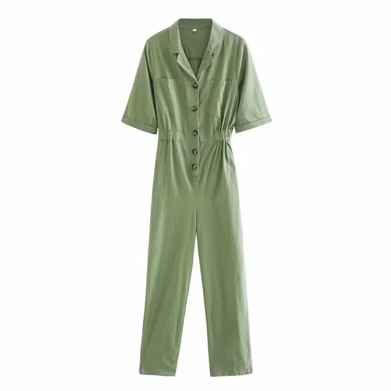 Spring women's short sleeve linen jumpsuit with solid color design from Bella Mia, featuring a one-piece trousers style.
