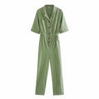 Spring women's short sleeve linen jumpsuit with solid color design from Bella Mia, featuring a one-piece trousers style.
