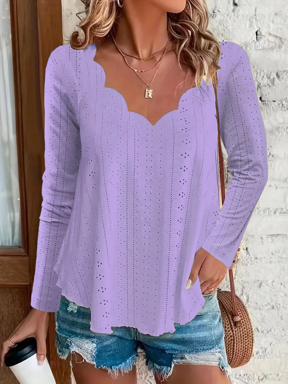 Elegant women's eyelet long sleeve blouse by Plush Fashion Hub featuring stretchy fabric and versatile office-ready design.