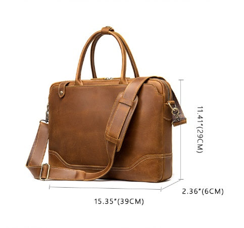 Crazy Horse leather men's briefcase by Plush Fashion Hub, featuring a sleek design and sturdy handle for professional use.