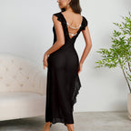 Bella Mia multi-color mesh see-through pajama nightdress with suspenders and pearl accents, evening maxi dress style.