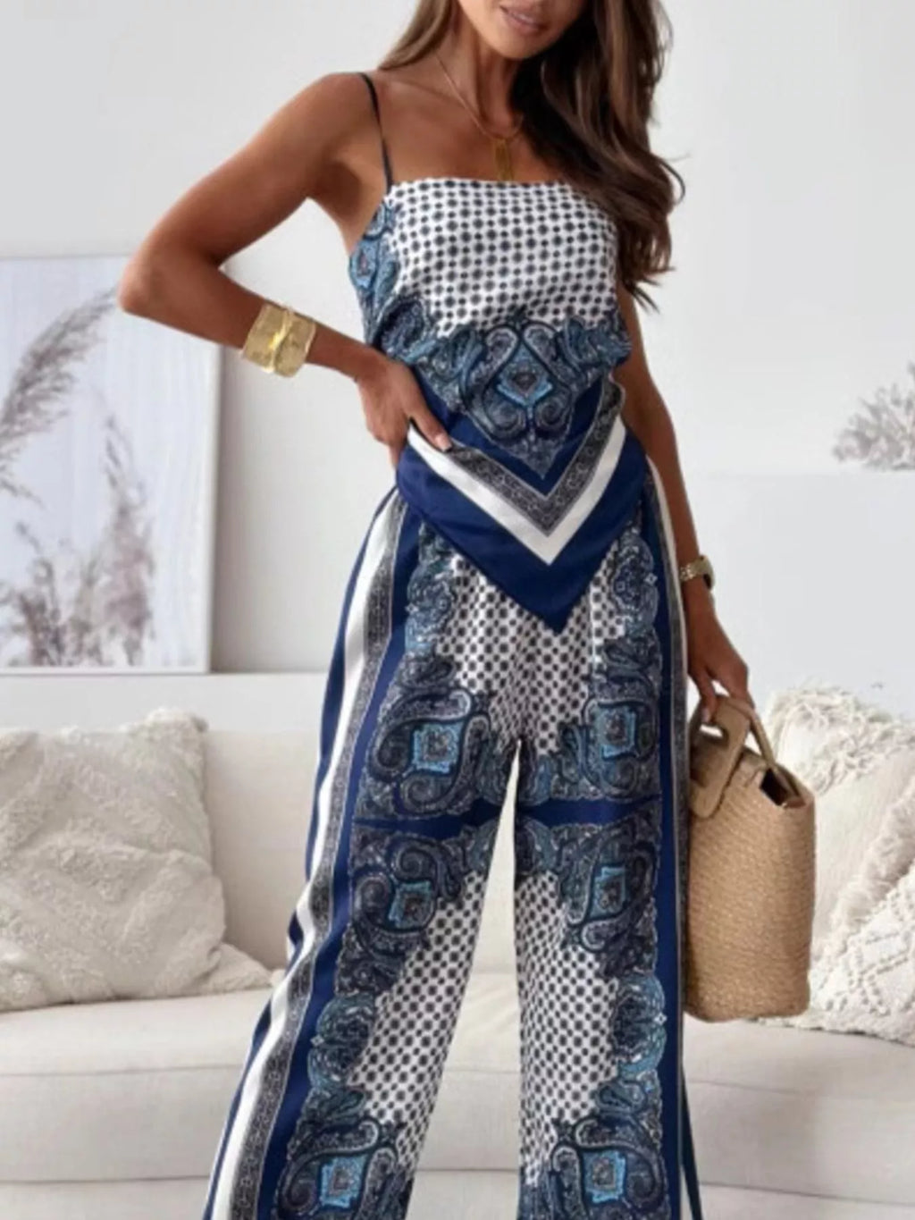 Printed cami and wide-leg pants set by Shopimist, featuring a stylish matching top and flowy trousers in a vibrant design.