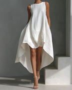 Plush Fashion Hub women's sleeveless high-low linen blend summer dress with irregular hem, casualwear perfect for warm weather.