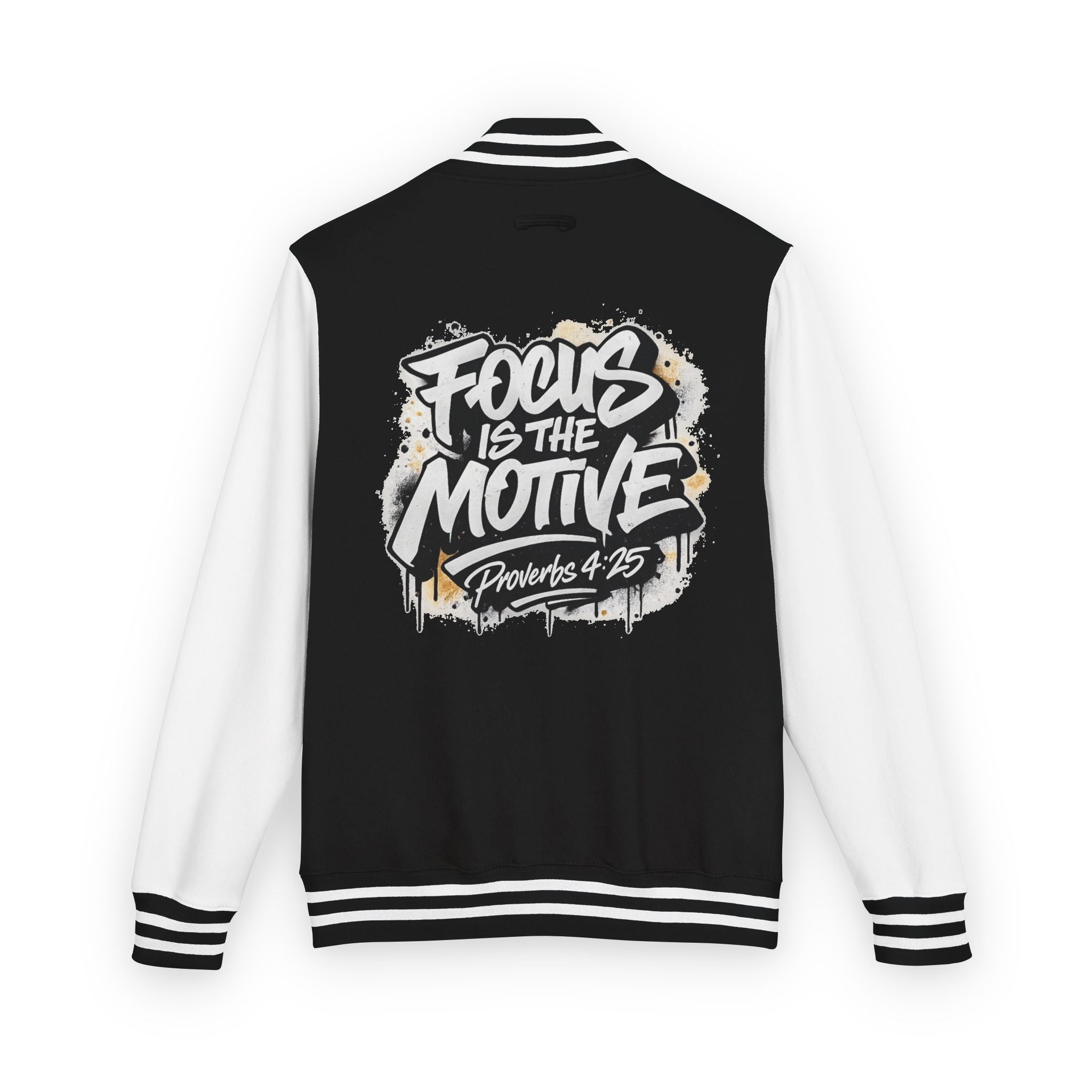 Wear Your Worship varsity jacket with Proverbs 4:25 inspirational lettering, featuring a classic letterman style in apparel.