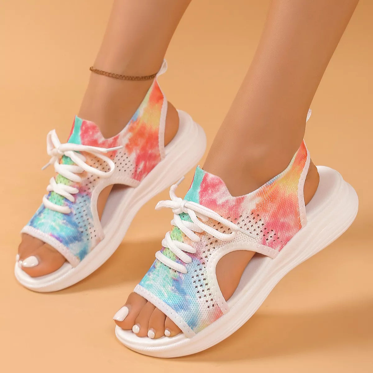 Colorful tie-dye breathable mesh sandals by Plush Fashion Hub with open-toe design and cushioned sole for comfort.