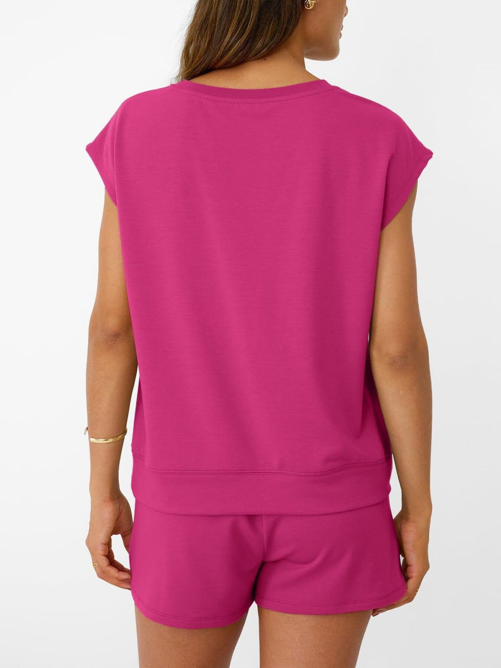 Women's soft round neck cap sleeve lounge set with drawstring shorts, plush fabric, in a comfortable 2-piece design by Plush Fashion Hub