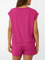 Women's soft round neck cap sleeve lounge set with drawstring shorts, plush fabric, in a comfortable 2-piece design by Plush Fashion Hub