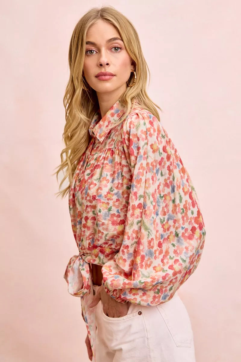 Plush Fashion Hub BiBi floral print tie hem crop shirt, a stylish women's top with vibrant floral pattern and tie detail at the hem.