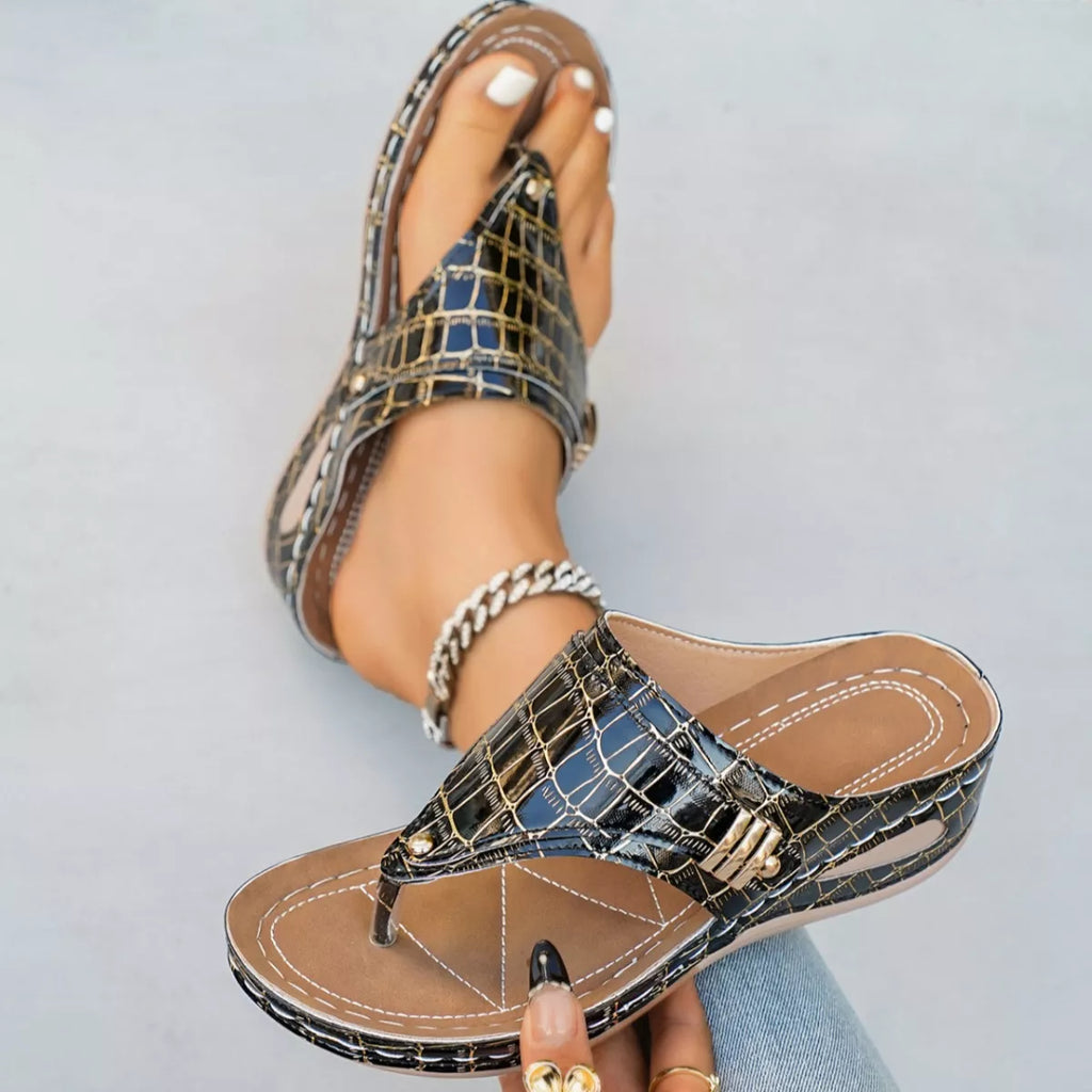 Shopimist toe post wedge sandals featuring tan leather straps and a cork wedge heel, perfect for summer casual wear.