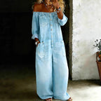 Women's off-shoulder washed faux denim strap overalls jumpsuit, casualwear from Plush Fashion Hub, shown on a model.
