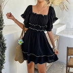 Women’s French style square neck dress by FitiqueFit with ruffled short sleeves, casual elegant design, perfect for everyday wear.