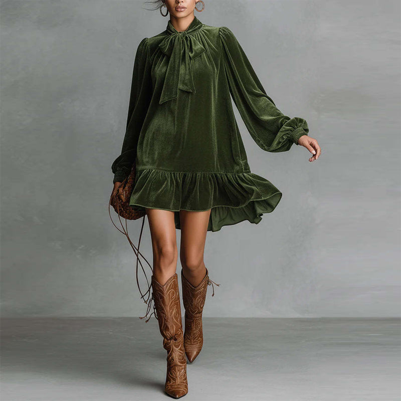 Women’s Bow-Tie Puff Sleeve Dress by FitiqueFit featuring an asymmetric ruffle hem and short, casualwear style.