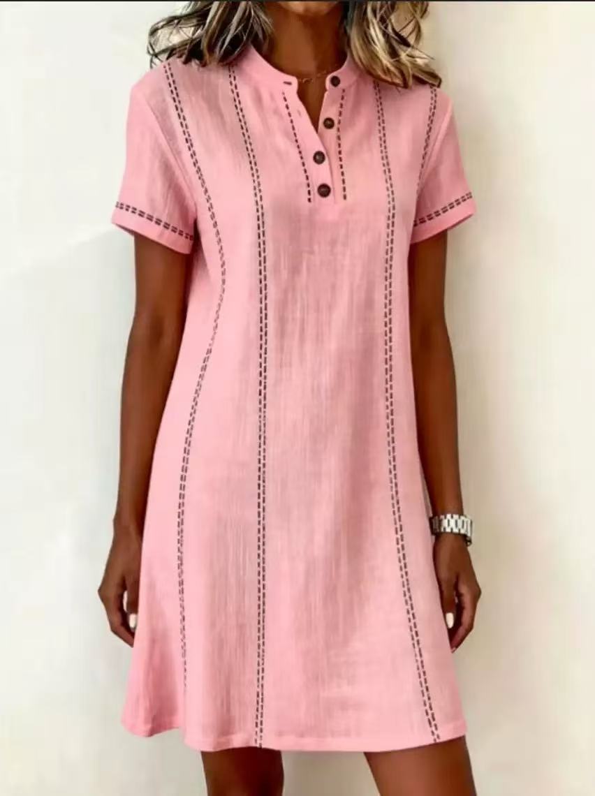 Women's printed button-up midi dress with stand collar, 3/4 sleeves, loose fit by Plush Fashion Hub