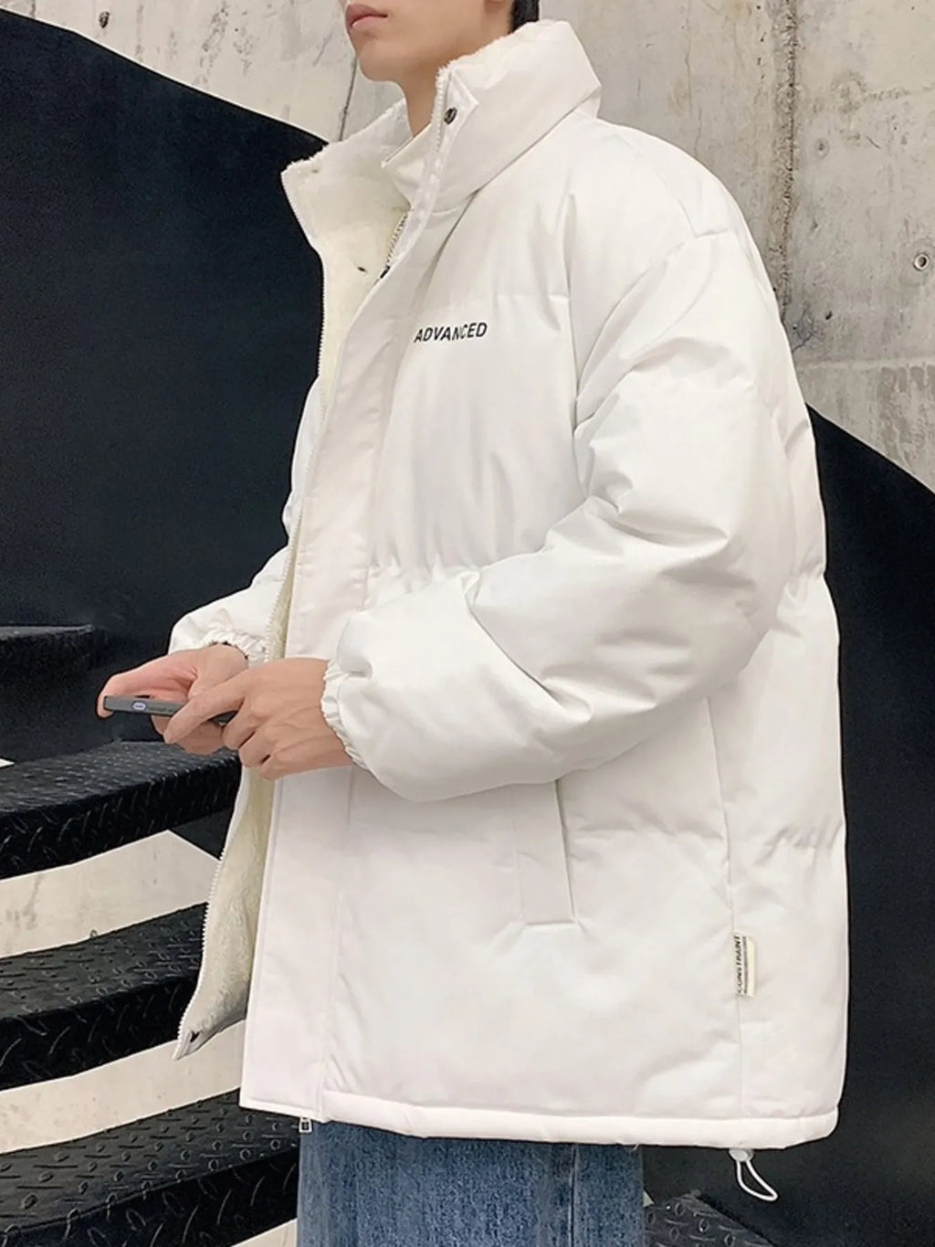 Men's plus size quilted snap-down puff jacket by Shopimist, featuring a padded design and front snap closures.