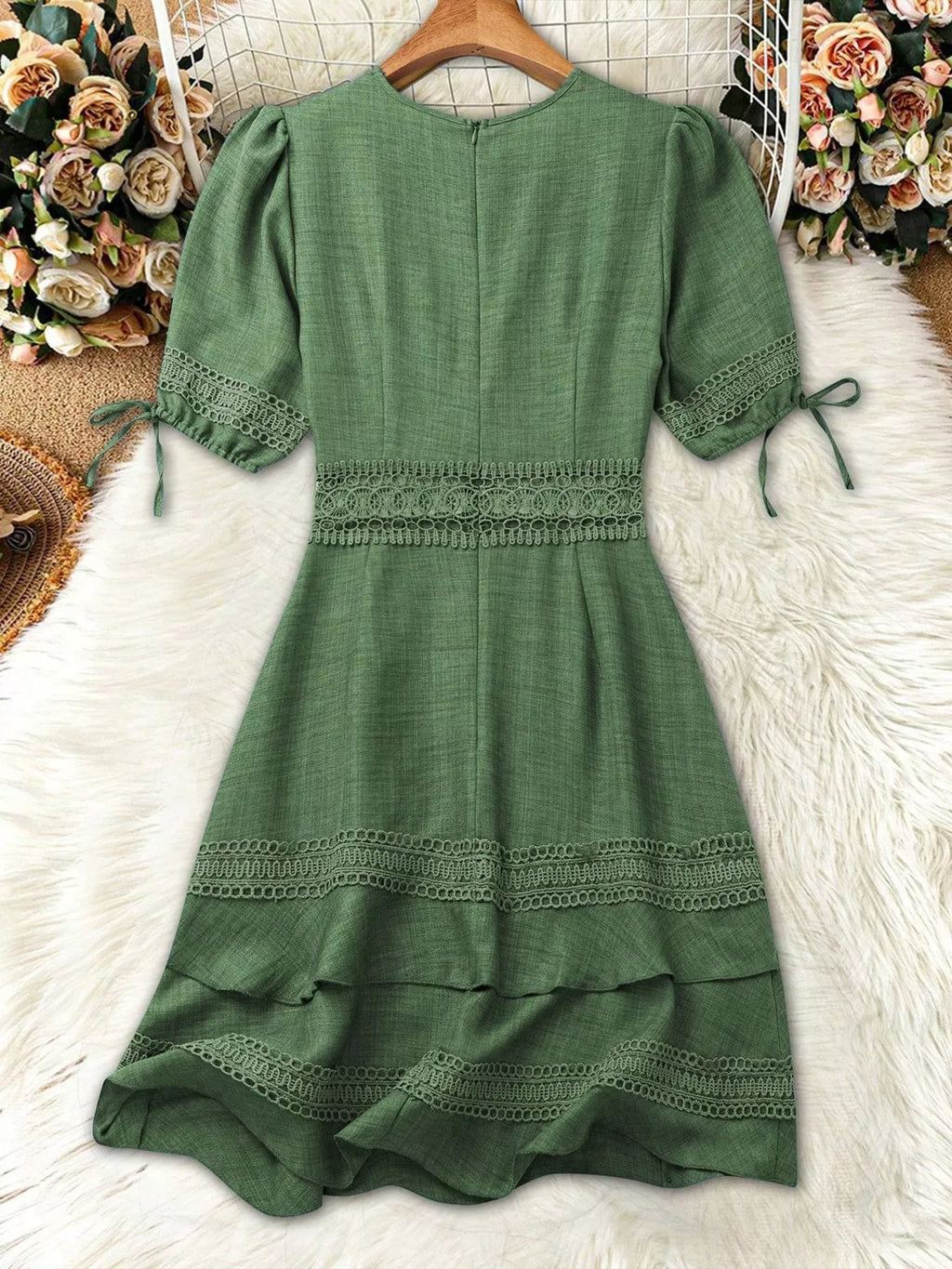 Lace detail V-neck mini dress from Shopimist featuring delicate lace accents and a flattering V-neckline, styled for casual wear.