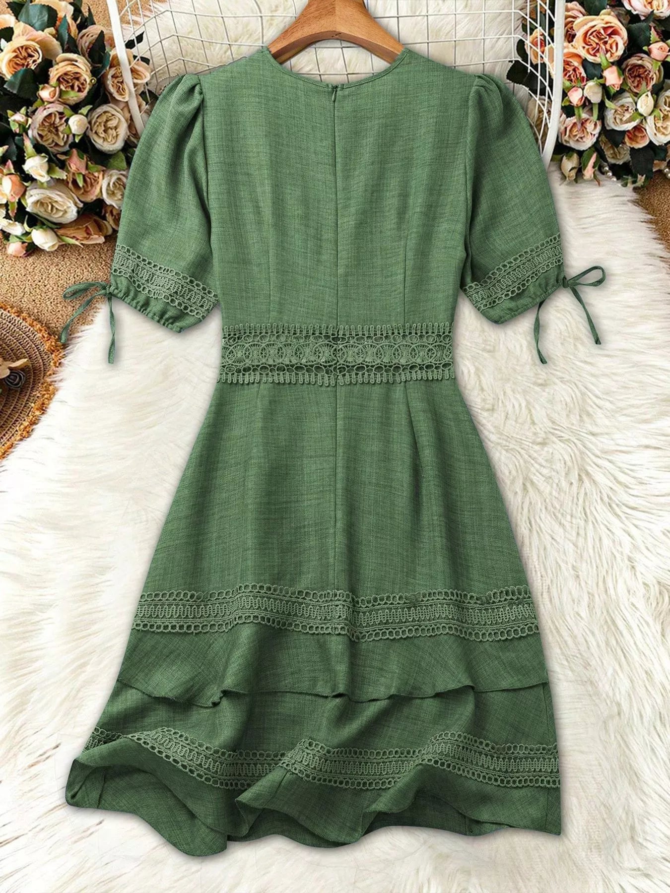 Lace detail V-neck mini dress from Shopimist featuring delicate lace accents and a flattering V-neckline, styled for casual wear.