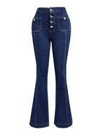 Plush Fashion Shop denim flare jeans with pockets, featuring a high waist and wide leg opening, styled with casual top.