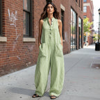V-neck sleeveless striped cropped jumpsuit by FitiqueFit in three colors, featuring a loose fit and casual style for women.