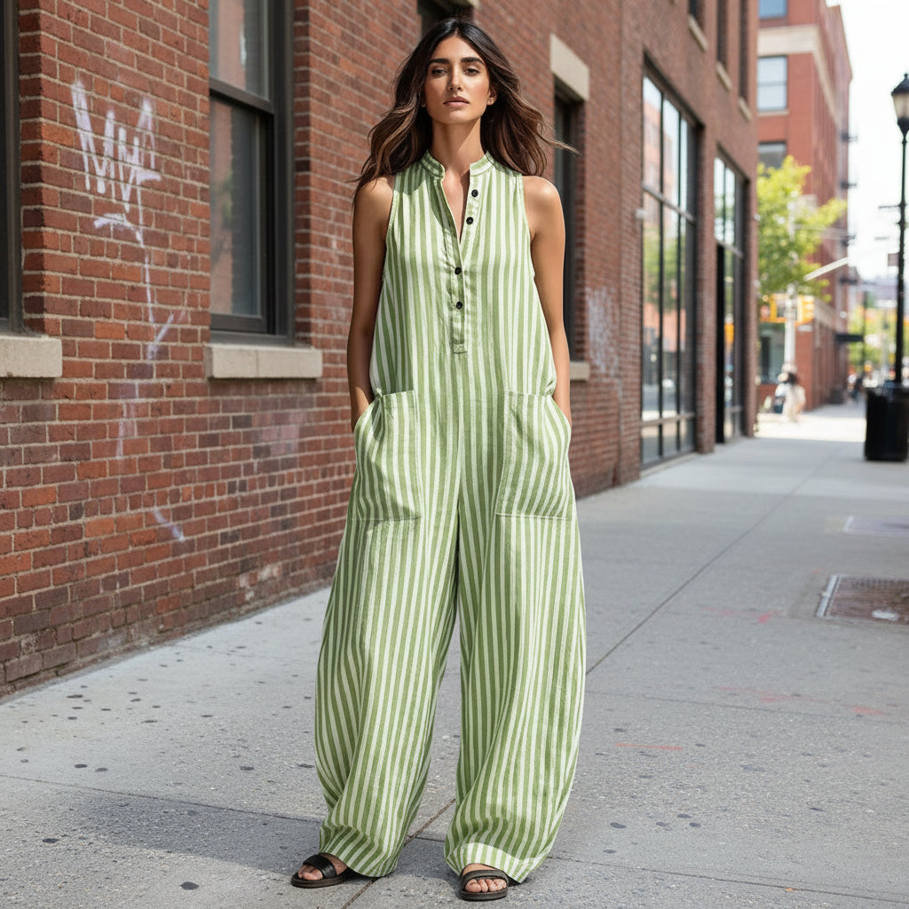 V-neck sleeveless striped cropped jumpsuit by FitiqueFit in three colors, featuring a loose fit and casual style for women.