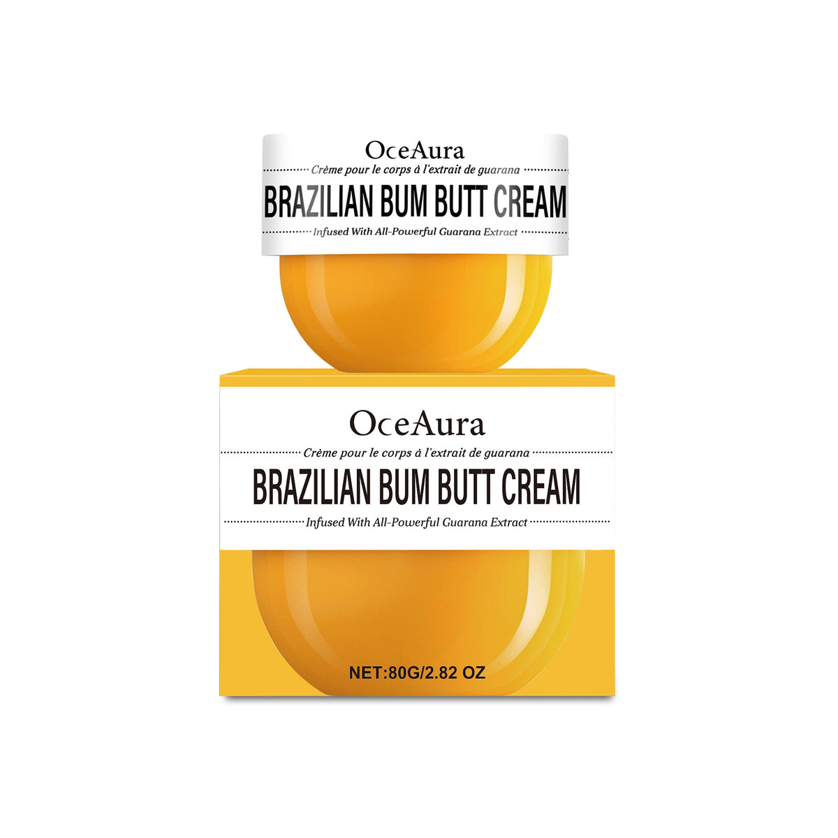 Yellow OceAura Brazilian Bum Butt Cream jar and matching rectangular box with black and white label text.