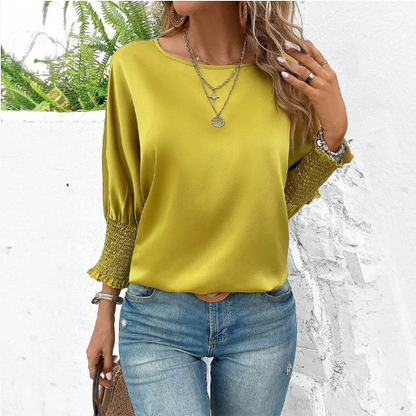Casual Loose Women T shirt Smocking Batwing Sleeve Solid Color round Neck Top Spring Summer Women Bella Mia