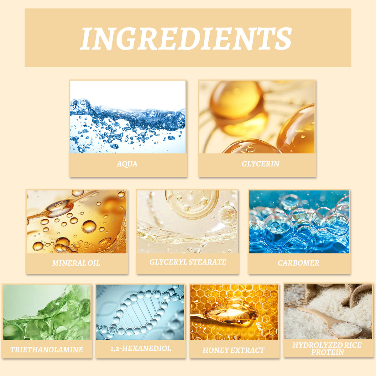 Infographic showing cosmetic ingredients with nine labeled pictures of aqua, glycerin, mineral oil, and more.