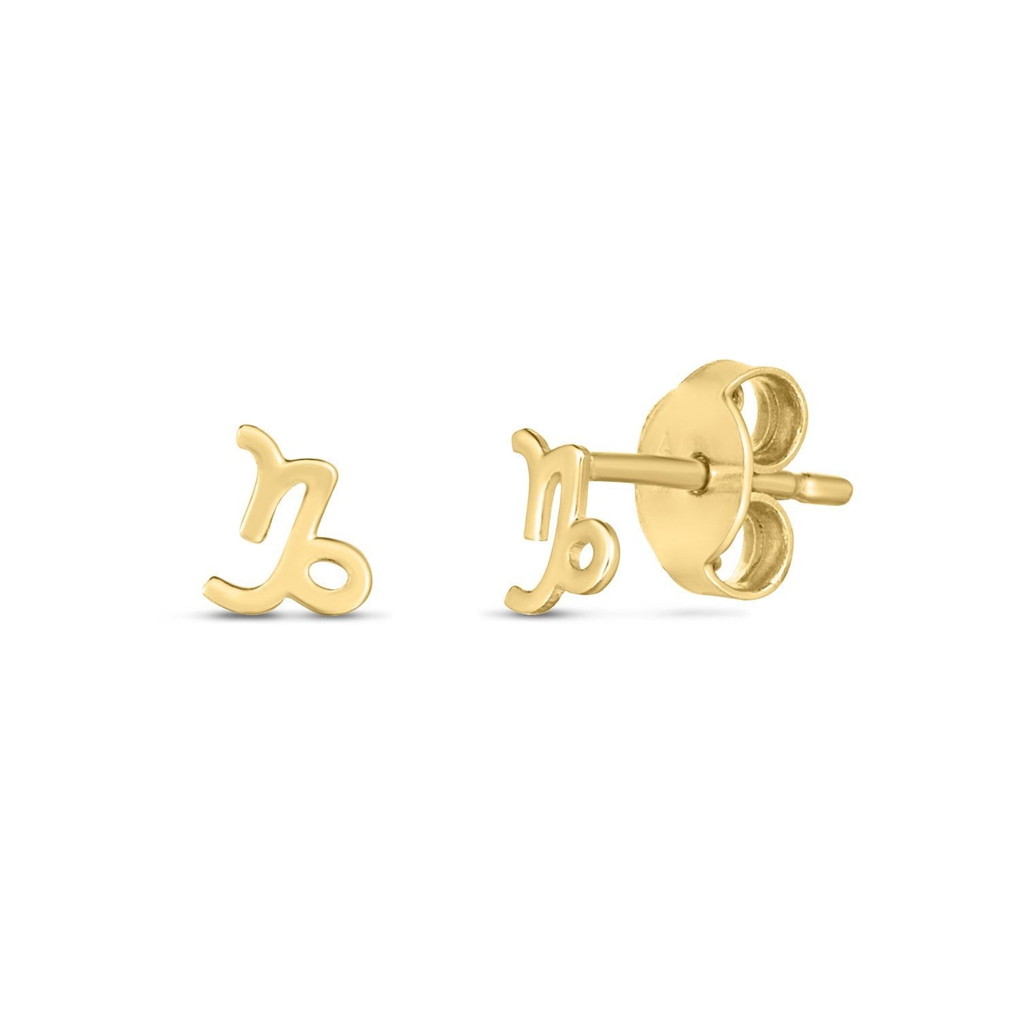 14k yellow gold Capricorn stud earrings featuring zodiac symbol design, perfect for astrology jewelry enthusiasts.