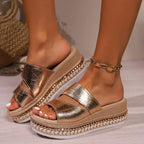 Open toe wedge sandals by Shopimist featuring a tan leather strap and cork platform for summer style and comfort.
