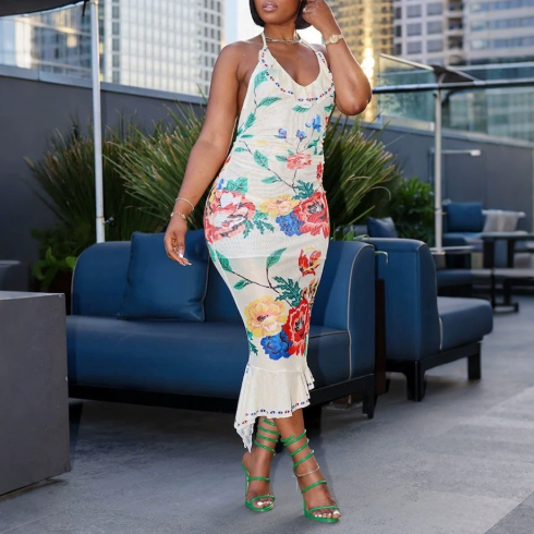 Sexy Backless Lace Printing Dress Sheath Sexy Maxi Dress Irregular Asymmetric Lotus Floral Swing Bella Mia