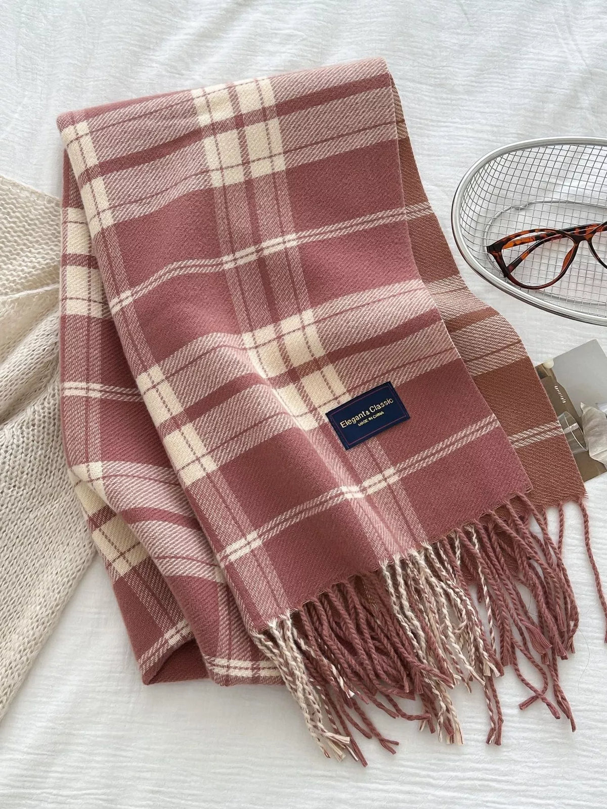 Simply Love classic plaid scarf with fringe, featuring a cozy, stylish plaid pattern perfect for fall and winter fashion.