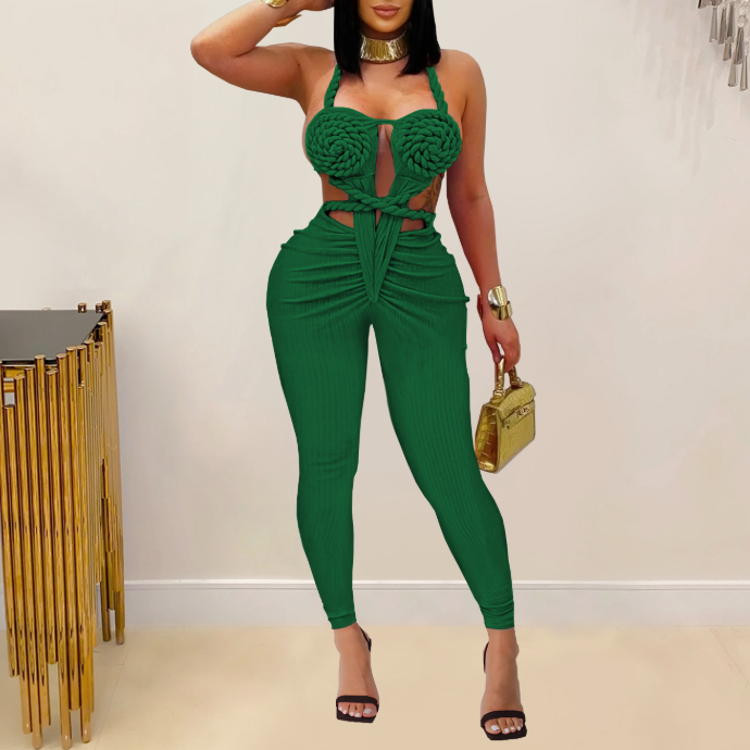 Women wearing a black casual halter backless jumpsuit by Plush Fashion Hub, showcasing a solid color and relaxed fit.