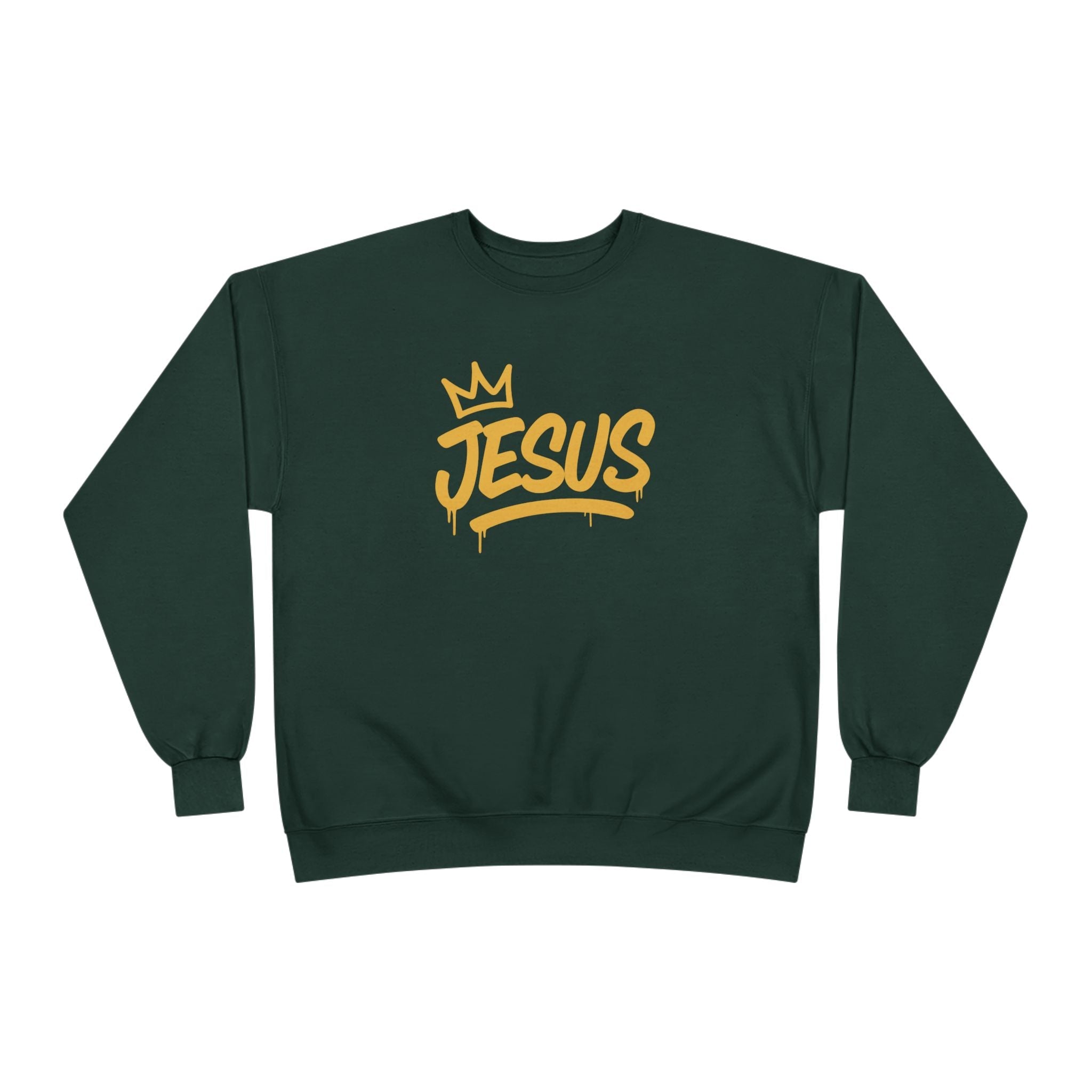 Gold script "Jesus Crown" crewneck sweatshirt by Wear Your Worship, featuring inspirational design on a cozy pullover.