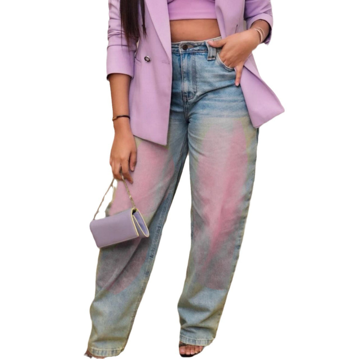 Washed denim straight leg jeans by Plush Fashion Hub displayed on a hanger, showcasing classic blue denim and relaxed fit style.
