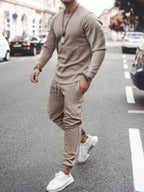 Men's plus size round neck long sleeve top and pants set by Shopimist, featuring a comfortable, full-size casual clothing ensemble.