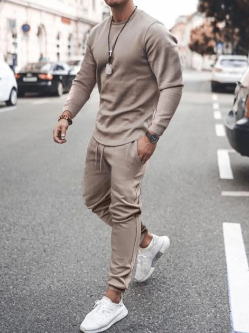 Men's plus size round neck long sleeve top and pants set by Shopimist, featuring a comfortable, full-size casual clothing ensemble.