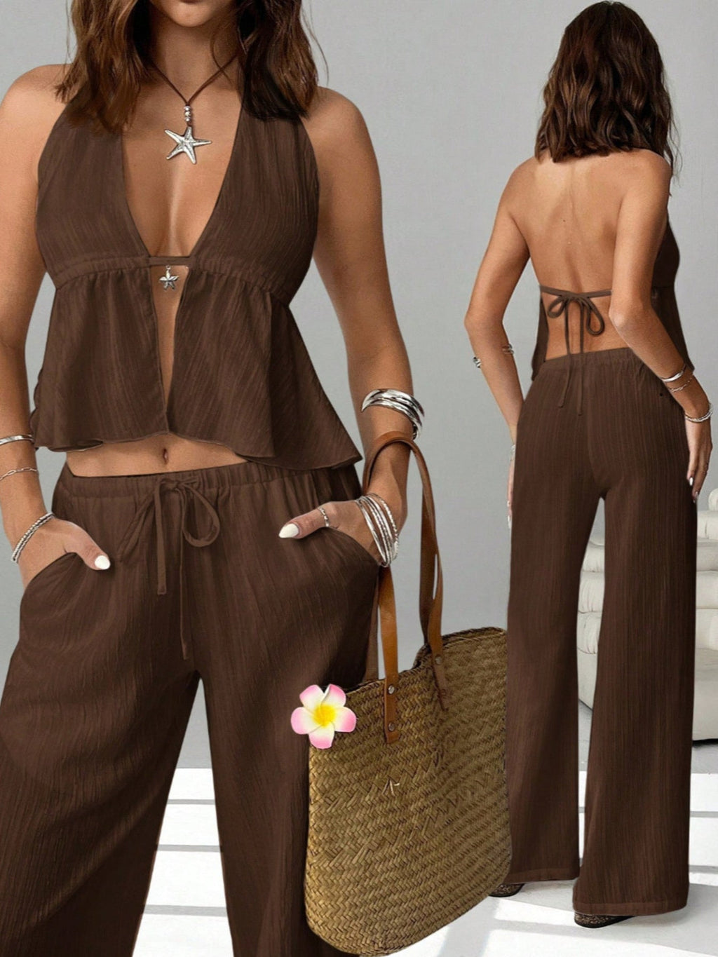 Shopimist halter neck cami and pants set, two-piece outfit with stylish top and matching pants, perfect for casual or summer wear.
