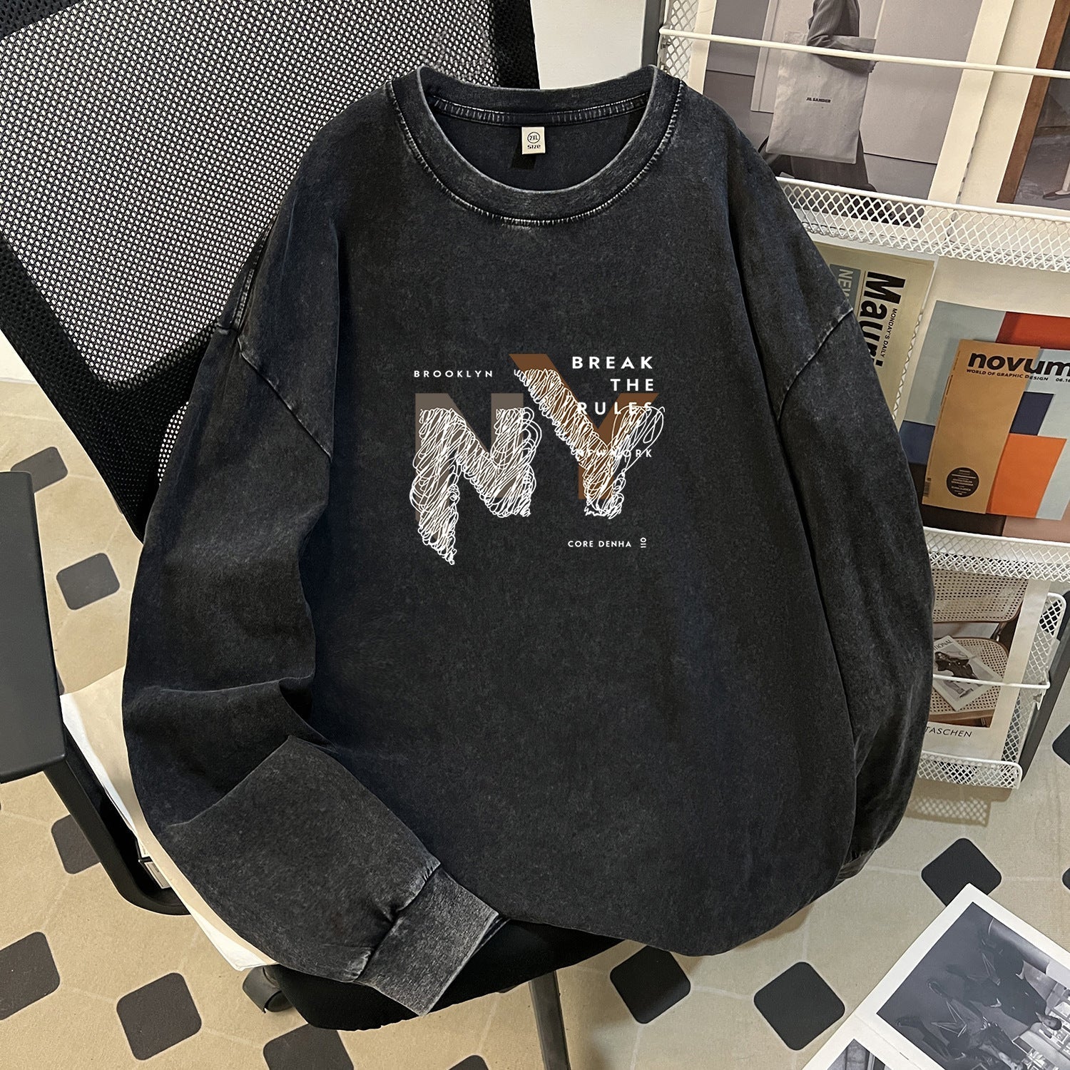 Autumn Winter Retro Washed Heavy Cotton Niche round Neck Brand Hip Hop Long Sleeve T shirt Women Bella Mia