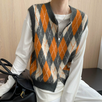 Mid Ancient Design College Hit Color Diamond Lattice round Neck Double Zipper Knitted Vest Bella Mia