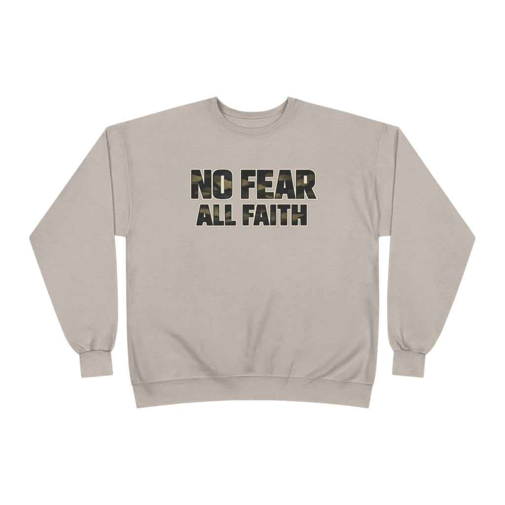 Wear Your Worship No Fear All Faith Crewneck sweatshirt with 2 Timothy 1:7 inspirational quote in stylish apparel design.