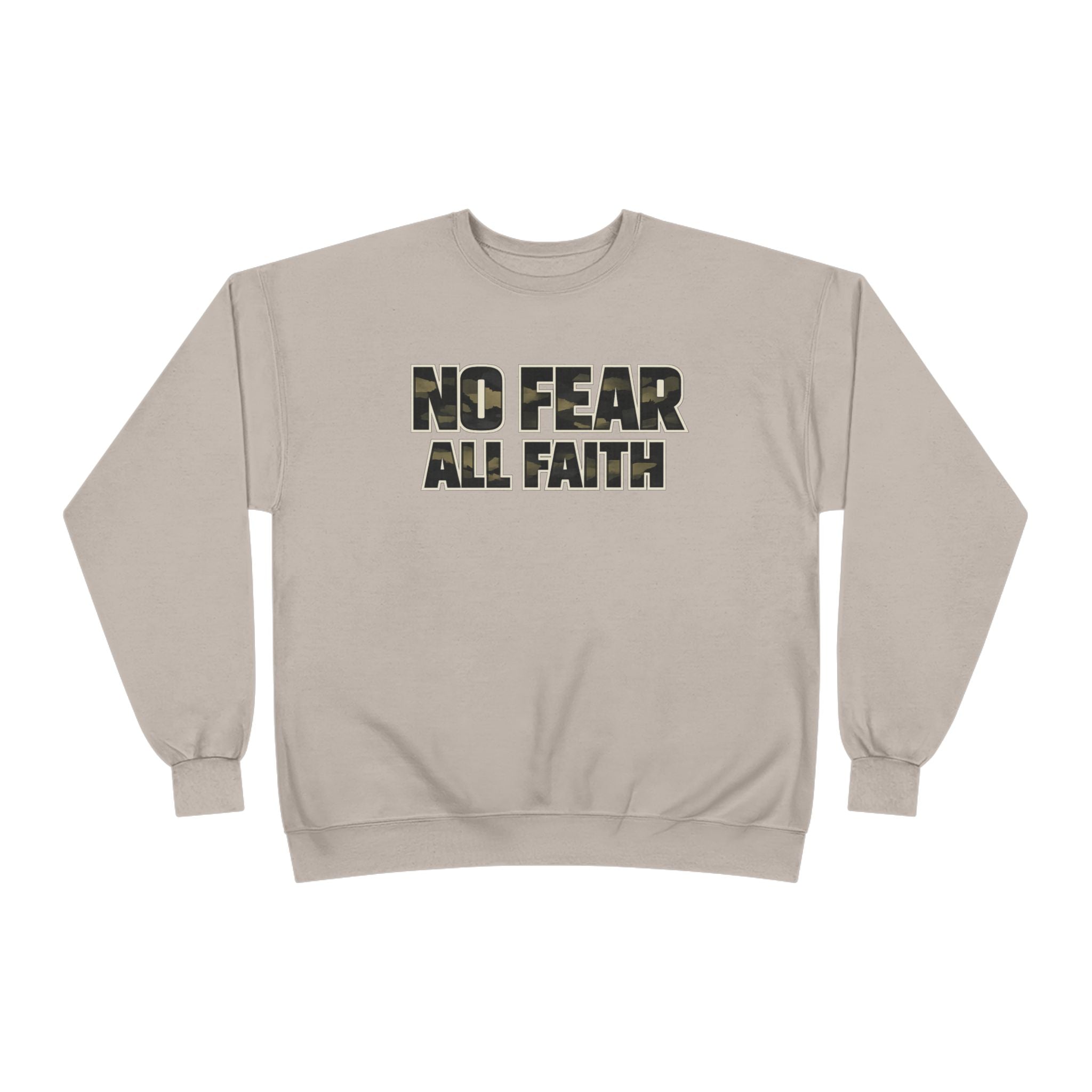 Wear Your Worship No Fear All Faith Crewneck sweatshirt with 2 Timothy 1:7 inspirational quote in stylish apparel design.