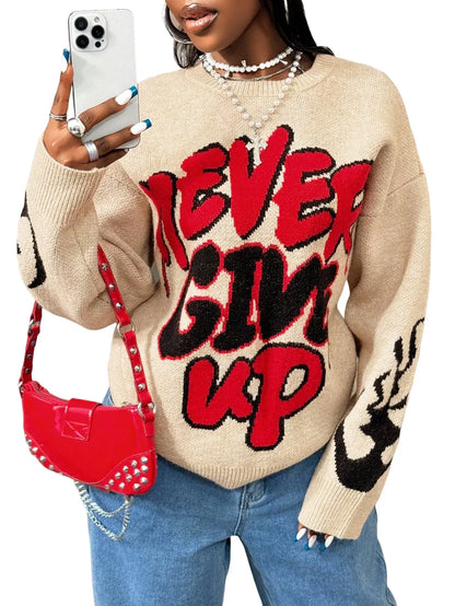 Women High Elastic Loose Long Sleeve Letters Pullover Knitted Sweater - Plush Fashion Hub