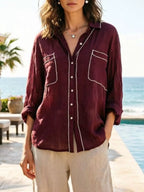 Shopimist contrast trim button-up long sleeve shirt with tailored fit and detailed collar, shown in natural fabric and color.