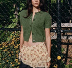 Bella Mia women's early autumn office knitwear with a round neck, short sleeves, and single-breasted design.