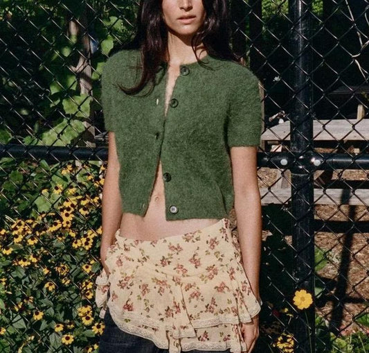 Early Autumn Women Clothing Office round Neck Short Sleeves Single Breasted Knitwear Bella Mia