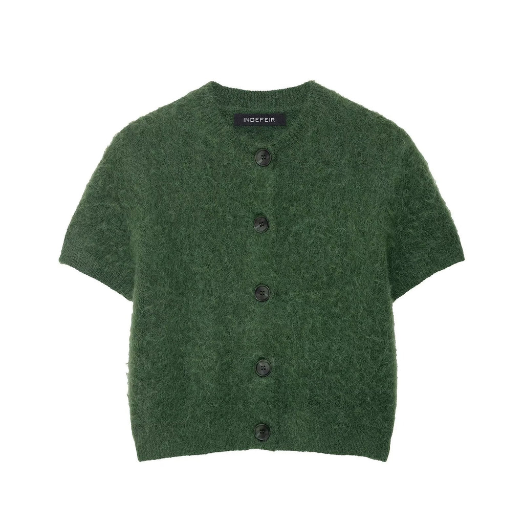 Bella Mia women's early autumn office knitwear with a round neck, short sleeves, and single-breasted design.